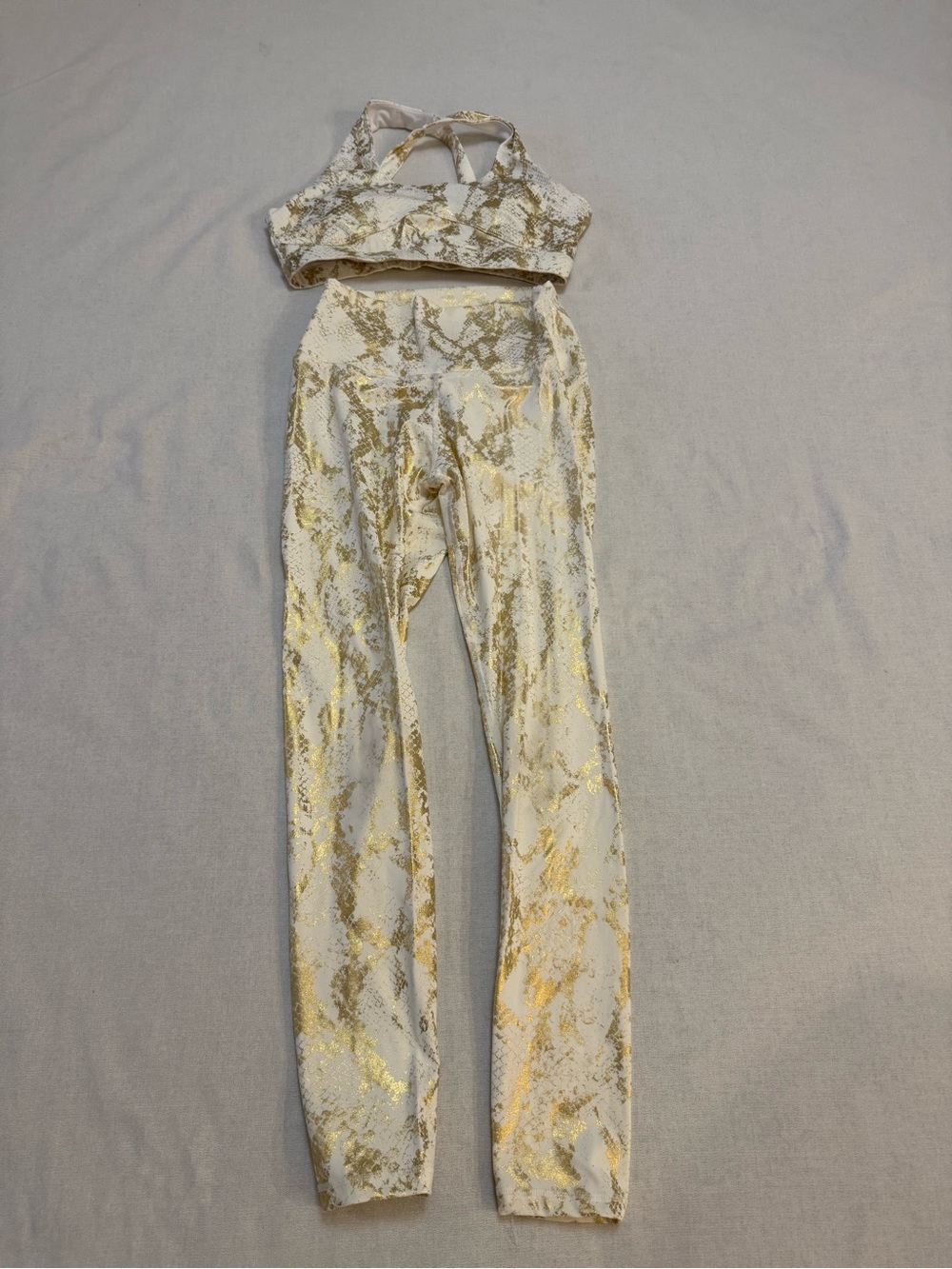 High-Waist White & Gold Marble Leggings and Matching Sports Bra